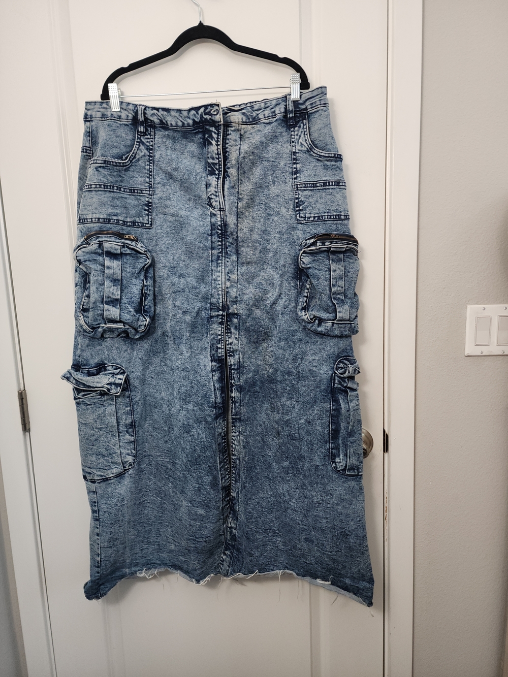 Y2K  Acid Wash Denim Cargo Maxi  Skirt - Blue